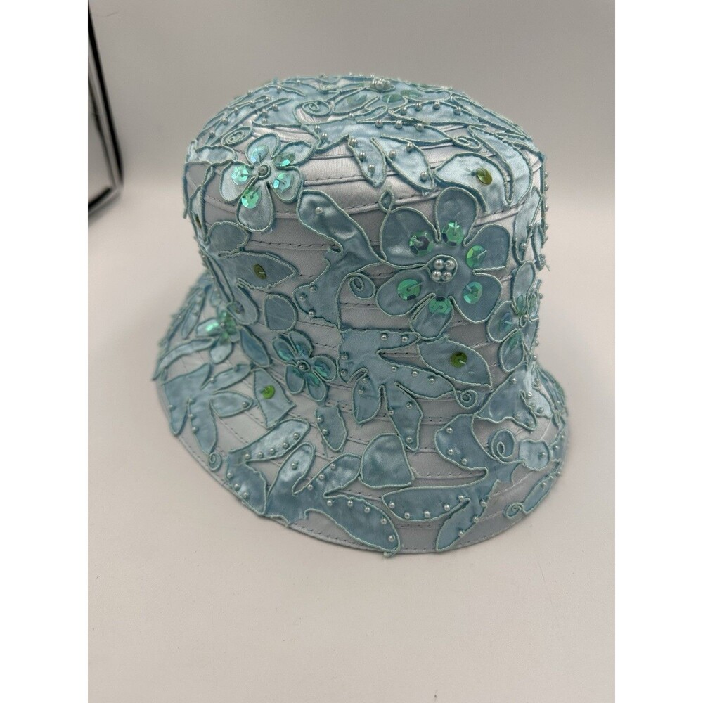 Vintage Finesse Y2K Blue Floral Beaded Bucket Hat Embroidered Sequin Pearl - Picture 2 of 9